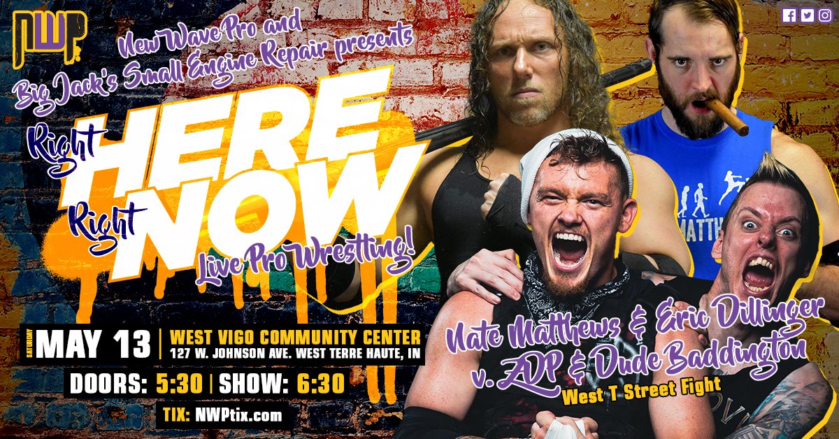 NewWave_Pro's tweet photo. π¨ #NWPRIGHTNOW MAIN EVENT ANNOUNCEMENTπ¨
West Terre Haute Street Fight Fans are encouraged to bring the weapons
@Evolved1NM / @EricDillinger5
vs
@zdp_official1 / @DudeBaddington
Tickets start at $10.00
https://t.co/N5JRp9SzJo
This match can be sponsored TODAY! #WWERAW https://t.co/280pVXn5SI