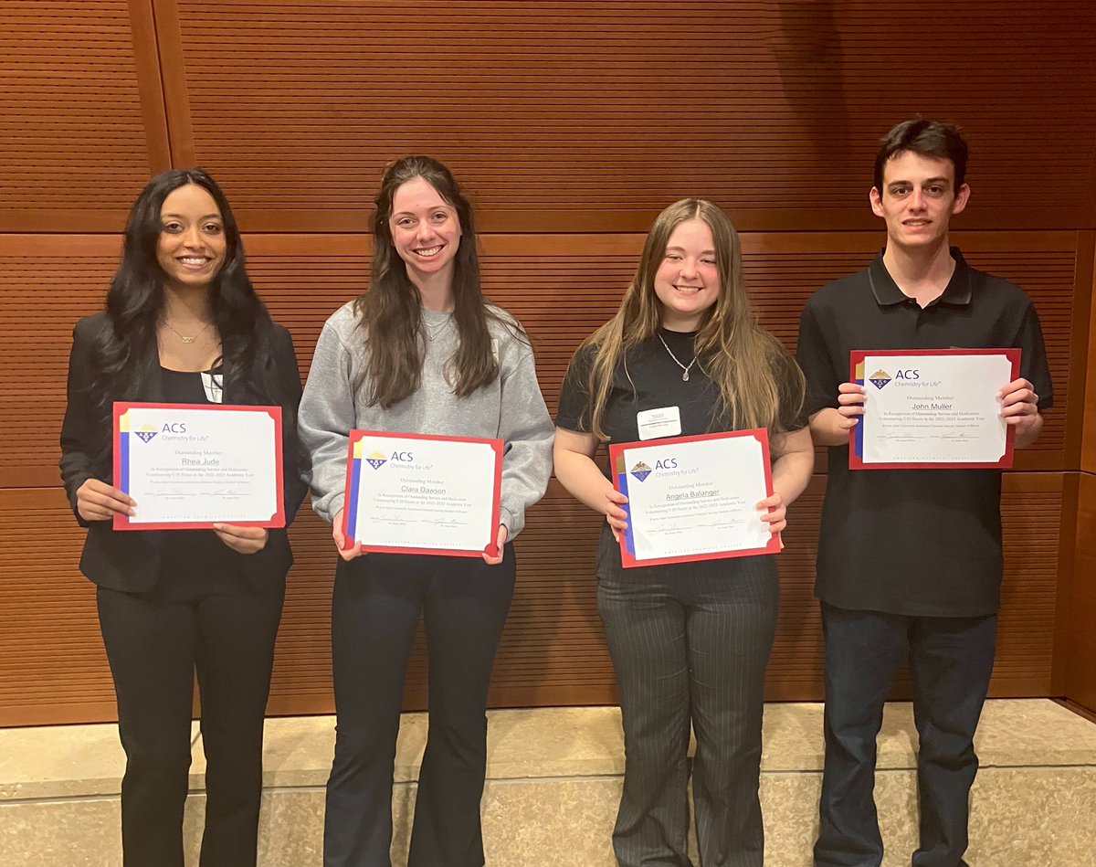 Congratulations to our <a href="/wsu_acs/">ACS Wayne State</a> students for their outstanding service and dedication to volunteering their time - there are more, but only four wanted their picture taken 😉 #chemistryundergrads @wsuacs #wsuchemistry