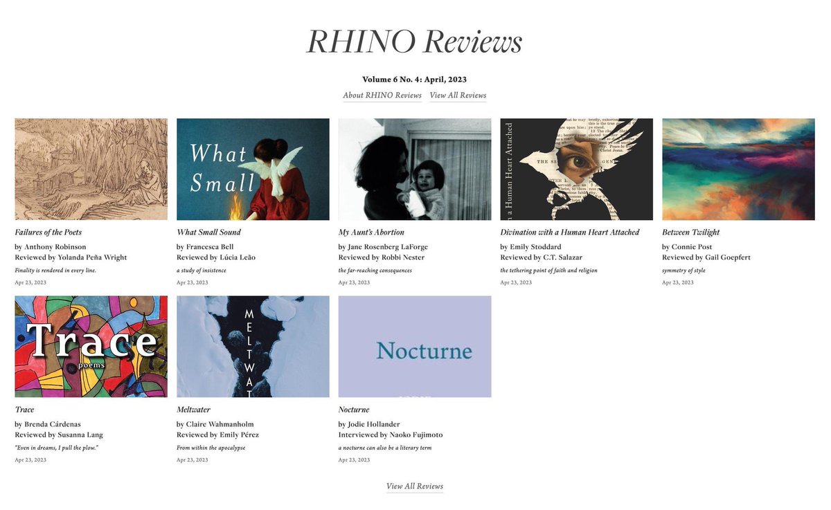 rhinopoetry's tweet photo. Wrap up National Poetry Month with Rhino Reviews! Our April issue features Anthony Robinson, Francesca Bell, Jane Rosenberg LaForge, @emilystoddard @conniepostpoet @CardenasBrendaE @cwahmanholm Jodie Hollander. Read it here:
https://t.co/FKF1dZT1GJ https://t.co/2no9Eo1ZZm