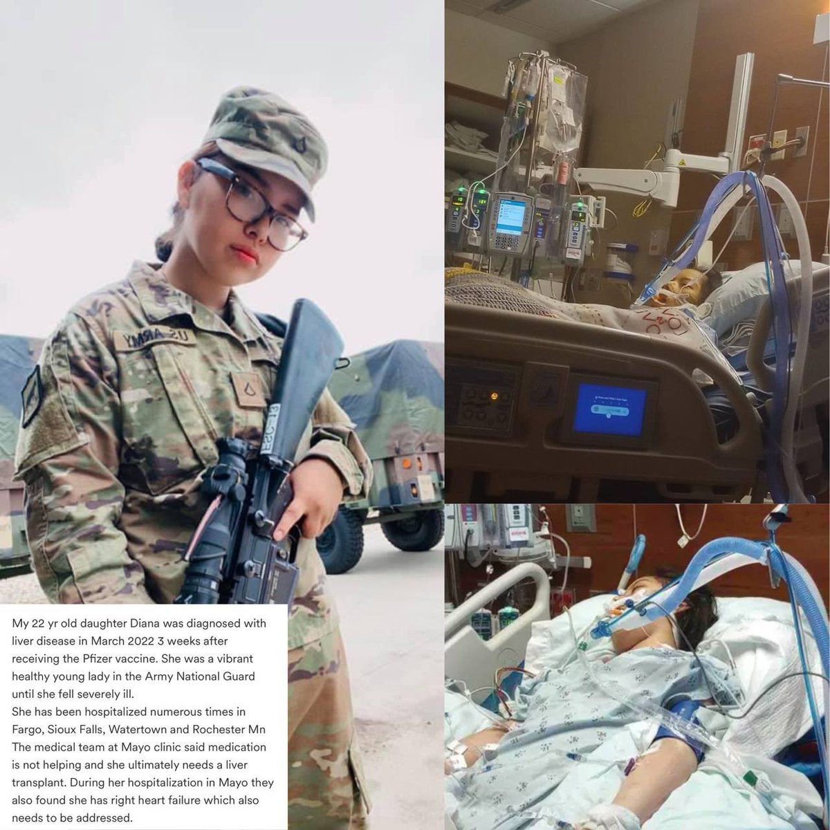 DiedSuddenly_'s tweet photo. Healthy 22-year-old army national guard diagnosed with liver disease and right side heart failure three weeks after being mandated to take the Pfizer shot. 

She now requires a liver transplant. #diedsuddenly 💉 https://t.co/6fMCL0nqs8