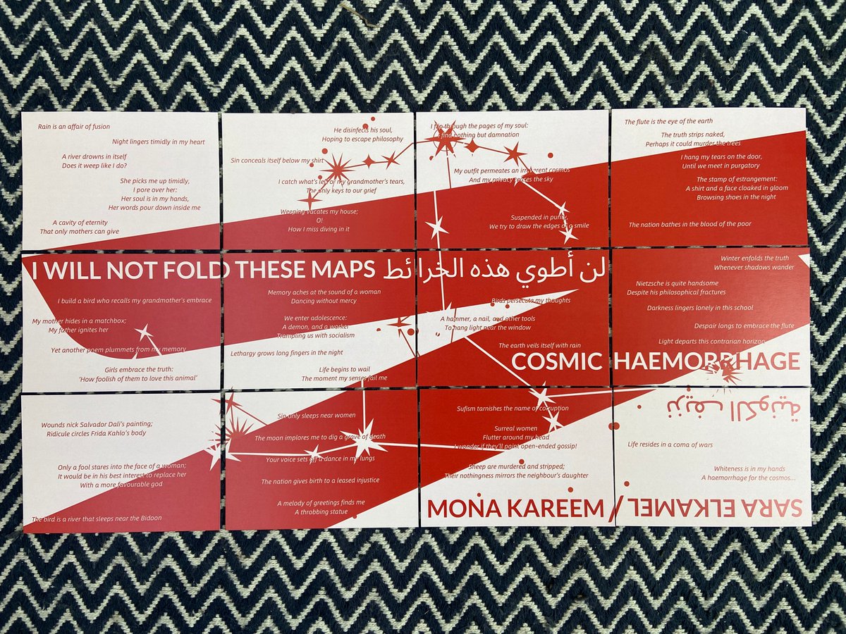 🔥🔥🔥 GIVEAWAY! 🔥🔥🔥 To celebrate the launch of Mona Kareem's upcoming poetry collection 'I Will Not Fold These Maps' (tr. Sara Elkamel), we are giving away the full 12-set of 'Cosmic Haemorrhage' postcards! Like and RT this to enter, and follow us! Full T&Cs in bio 📚🙌