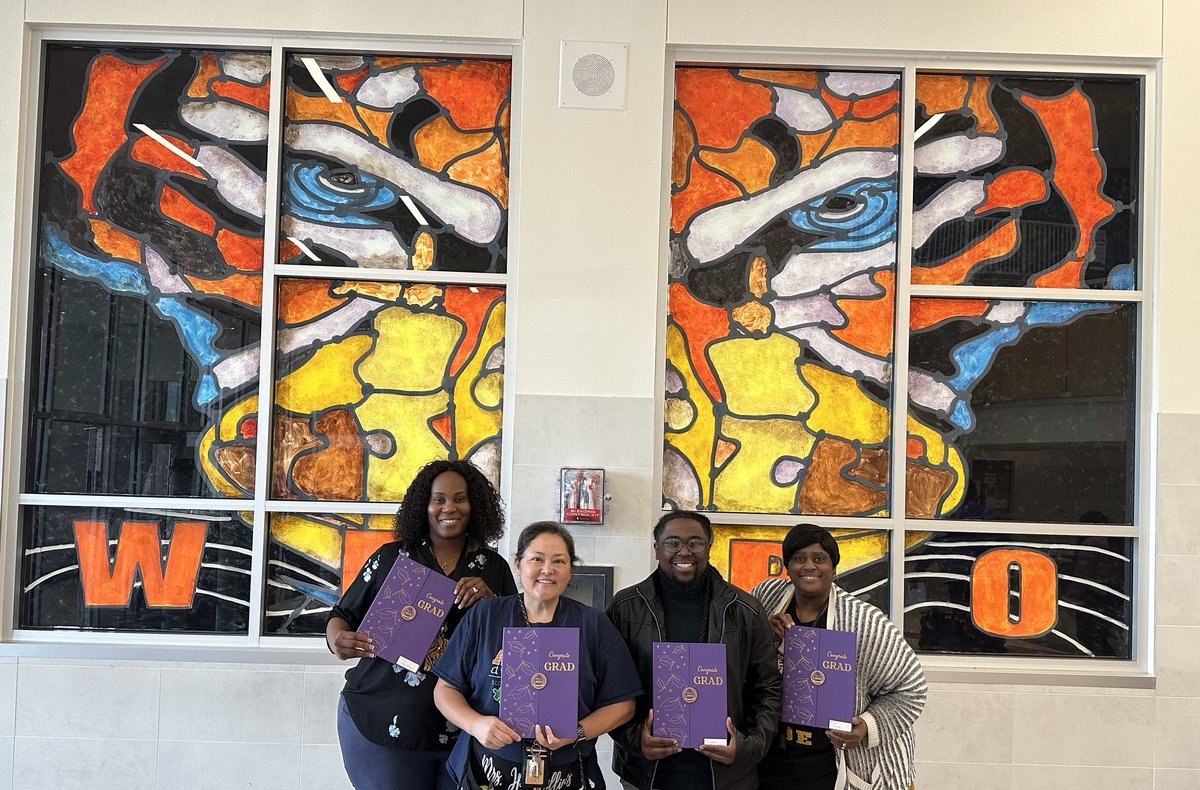 Twitter help us congratulate these individuals pictured: Principal Secretary- @eleanorhairston, Teacher-JP Williams, sub- Ruben Williams, and BAC-Ms. Gee are class of 2023 College/Higher Ed 🎓 #GAMEOn #lifelonglearning #TigerUP @akperera @drcasscarr @LancasterISD