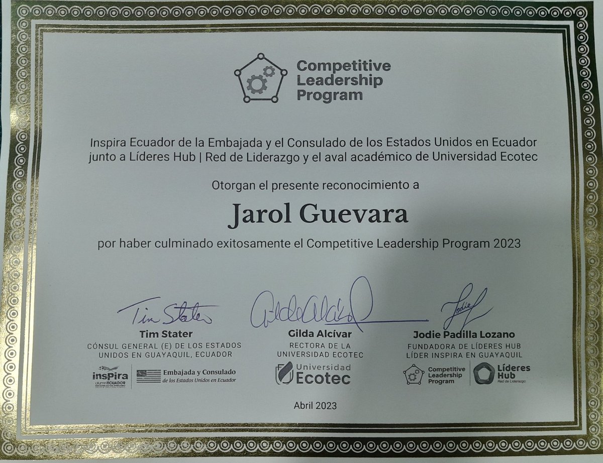 guevarita_96's tweet photo. Primera promoción del programa de Liderazgo Competitivo 2023. 
Gracias a @lidereshub a la Embajada y el Consulado de los Estados Unidos en Ecuador junto a la @uecotec por permitir fortalecer nuestras habilidades y conocimientos como agentes de cambio en la sociedad. https://t.co/KOnxxlwssb