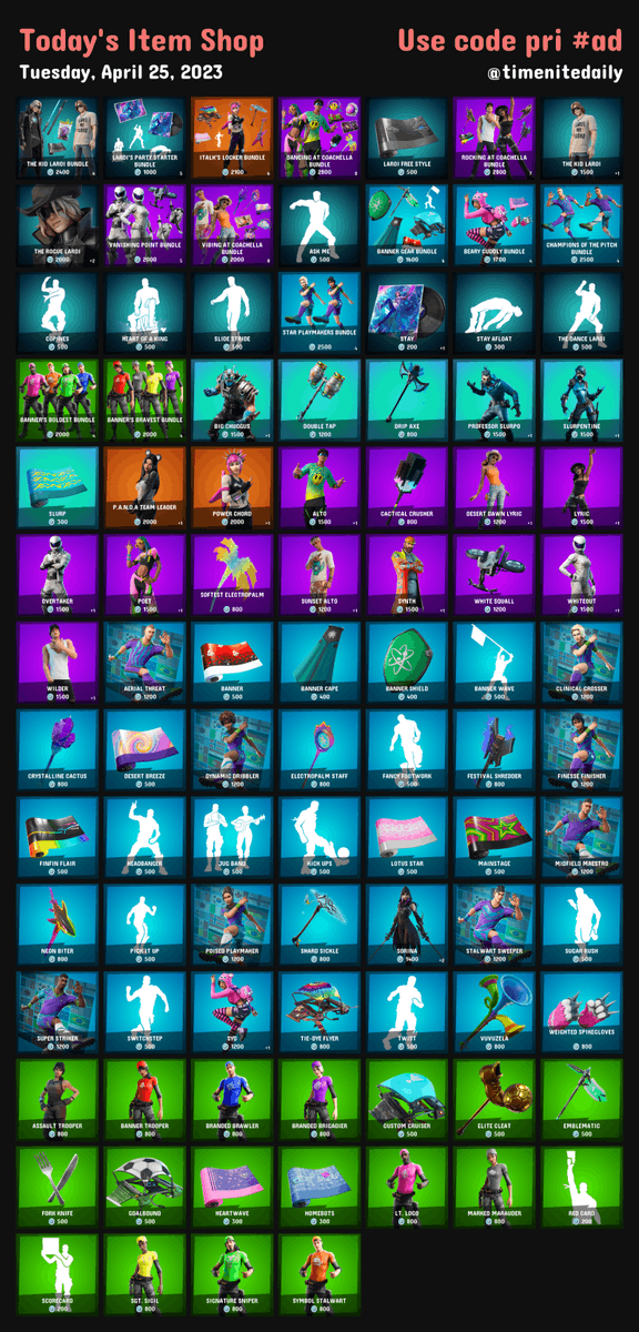 timenitedaily's tweet photo. 🌤 Today's Item Shop on #Fortnite
📅 Tuesday, April 25, 2023
 
🌟 Use code pri to support #EpicPartner https://t.co/K19W62d4m1