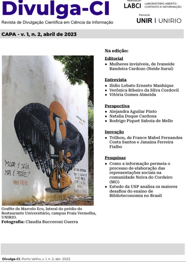 Lançada 2a edição da Divulga-CI, da Universidade Federal de Rondônia l #PovosIndígenas #Entrevista #Biblioteconomia  #Gamificação #Informação #EnsinoDeBiblioteconomia #MetodologiasAtivas    #DivulgaçãoCientífica  #RevistasCI No insta:  <a href="/divulgaci/">Amor&Time</a>.labci divulgaci.labci.online/category/v-1-n…