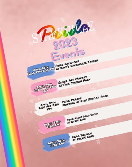 We’ve got an amazing weekend planned for Starkville Pride 2023! We hope to see y’all at all of the events to celebrate Pride and the Five Year Anniversary of Starkville Pride! DM us with any questions, and Happy Starkville Pride! 

#5YearsofStarkvillePride #StarkvillePride