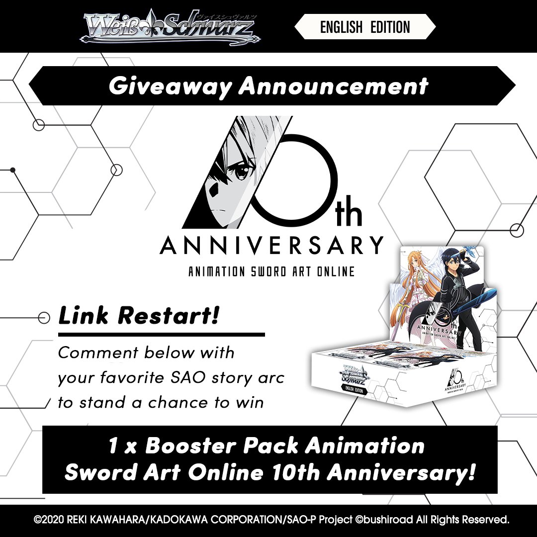 #WeissSchwarz 【Giveaway】 Animation Sword Art Online 10th Anniversary Giveaway Campaign
📰 tcg.ephemerabrokers.com/u/weiss-schwar…
#ヴァイスシュヴァルツ