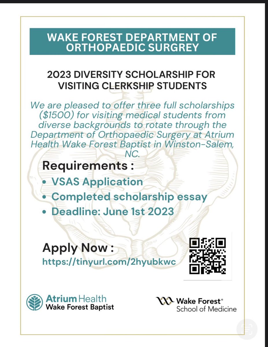 John Shields, MD, FAAOS (@jointdocshields) on Twitter photo Please consider applying for one of three scholarships to help support you during your visiting clerkship at <a href="/AtriumHealthWFB/">Atrium Health Wake Forest Baptist</a> <a href="/WakeOrthoRes/">Wake Forest Orthopaedic Surgery Residency</a> #orthotwitter #medtwitter
Please share this to spread the word for medical students Please consider applying for one of three scholarships to help support you during your visiting clerkship at <a href="/AtriumHealthWFB/">Atrium Health Wake Forest Baptist</a> <a href="/WakeOrthoRes/">Wake Forest Orthopaedic Surgery Residency</a> #orthotwitter #medtwitter
Please share this to spread the word for medical students