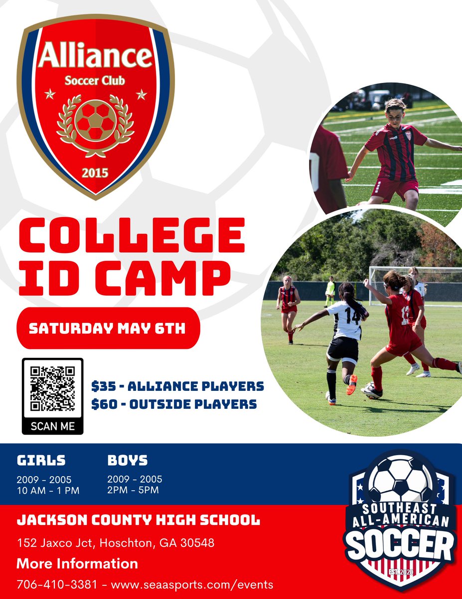 We are excited to start back our ID Camp Series! We look forward to partnering with @AllianceSC_ to sponsor this event. LET’S GO! 🔥⚽️ 🗓️ Saturday, May 6th, 2023 📍Jackson County High School ✅ 2009-2005 Boys and Girls ⚡️REGISTER 💻: (LINK IN BIO) #SEAASports🇺🇸