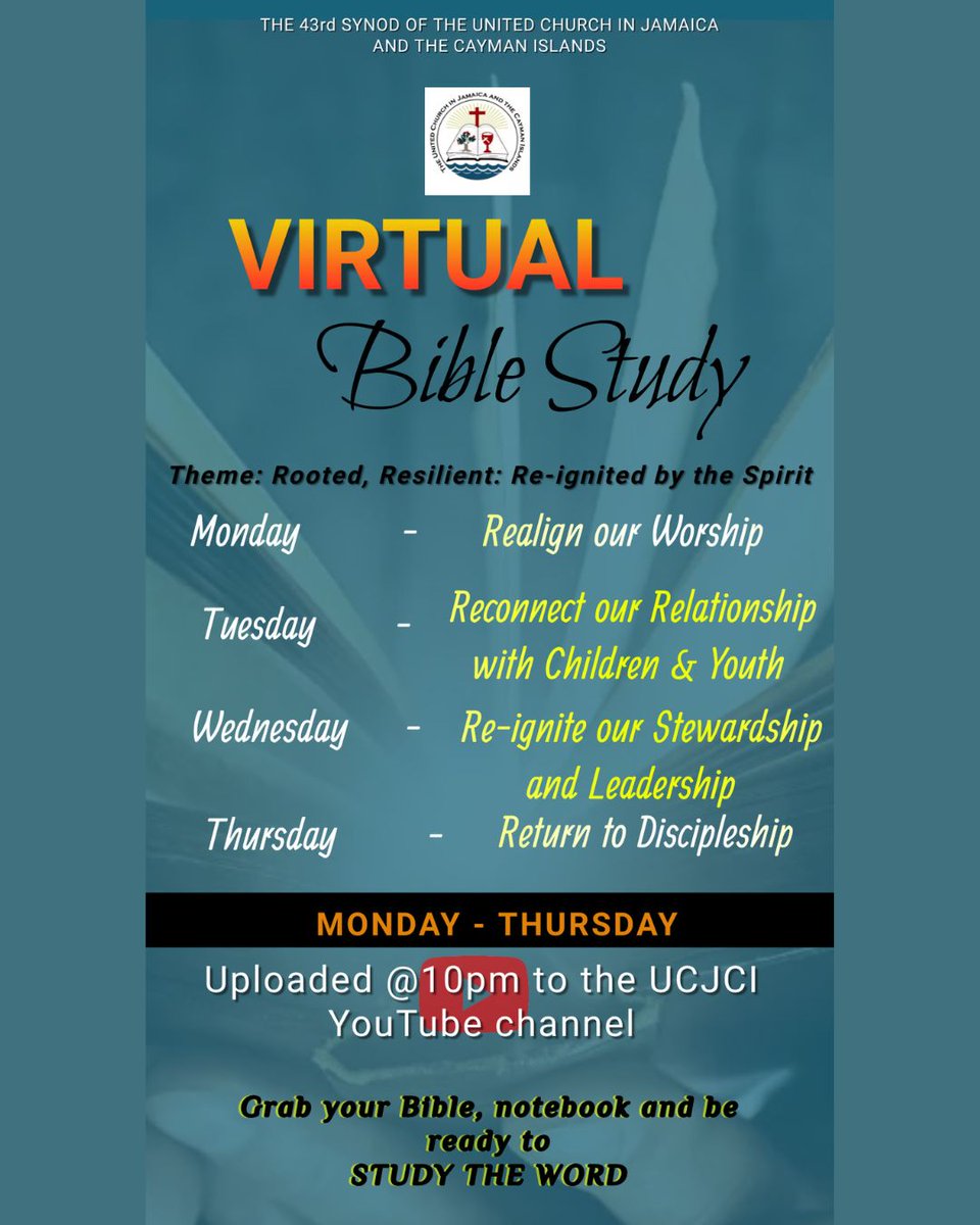UCJCI's tweet photo. We've heard the request and we have made the changes! Bible study will now be uploaded to the UCJCI YouTube channel at 10pm every night!
From Tuesday - Thursday.
Grab your Bible and a book and let's get into this WORD!
#UCJCI
#SYNOD https://t.co/Z9GCtkrGyV