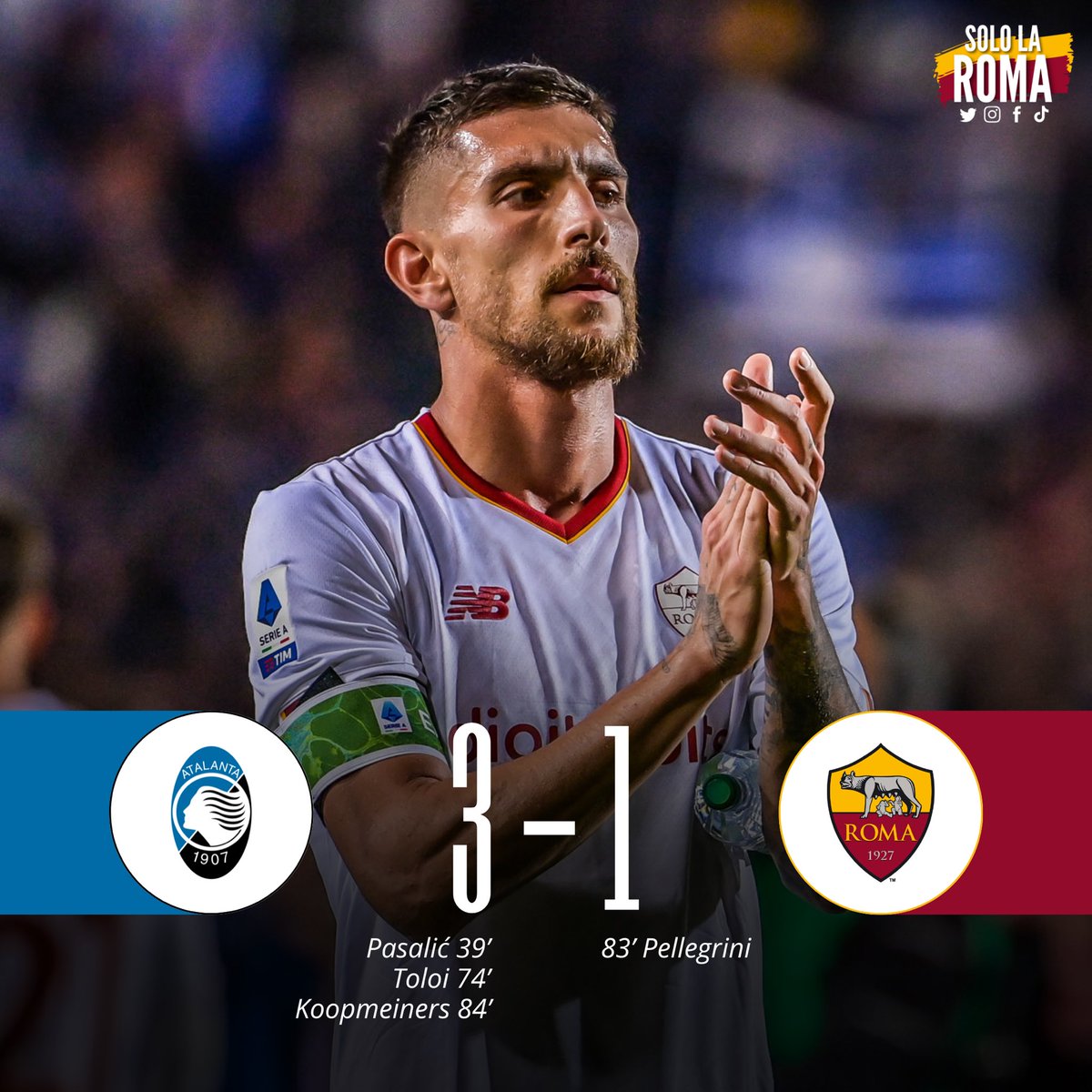 sololaromait's tweet photo. La Roma cade a Bergamo contro l’Atalanta. A nulla serve il terzo gol in tre gare consecutive di Pellegrini.

#ASRoma #SerieA #AtalantaRoma https://t.co/kgnGEaCqIh
