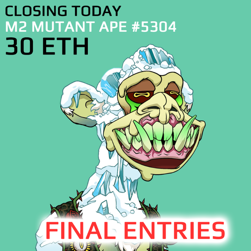 MetaWin's tweet photo. CLOSING TODAY! 

Win Mutant Ape Yacht Club #5304 valued at $58,300 today at MetaWin.  🦧

Just takes one ticket to walk away with this life changing prize. 

Get up to 115 Free Entries Here: https://t.co/YQa0I8g8bO