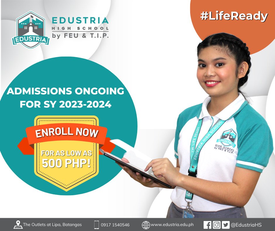 EdustriaHS's tweet photo. Enroll now to begin your journey to being #LifeReady!
#EdustriaHighSchool
#DynamicTeachingAndLearning
📱 0917-154-0546
📧admissions@edustria.edu.ph
🌐 https://t.co/1MZMohyrW3
📍The Outlets at Lipa https://t.co/UHV5EJTwDe