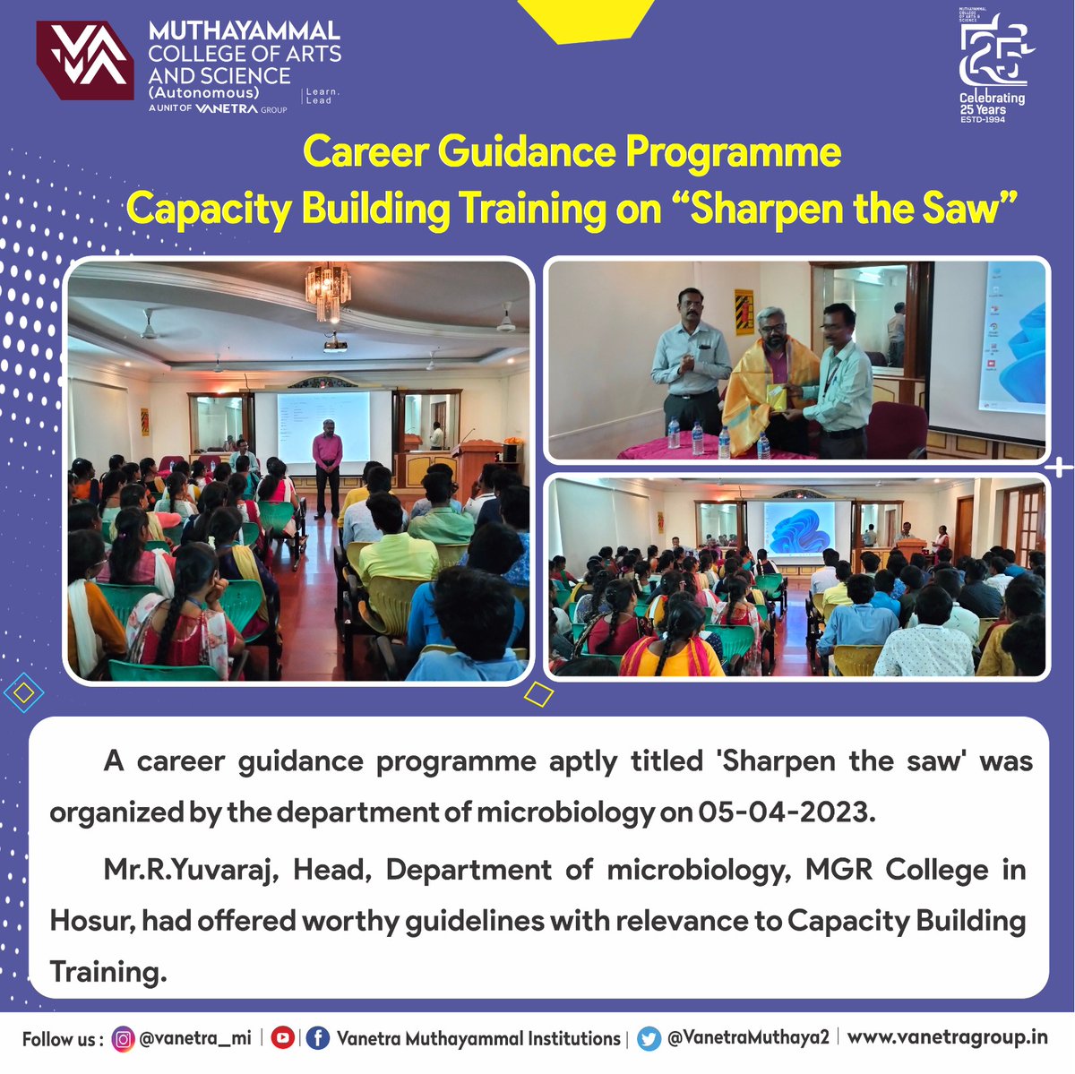 VanetraMuthaya2's tweet photo. Department of Microbiology organized a Career Guidance program- Capacity-Building Training on "Sharpen the Saw" on 05.04.2023.
#career #careergoals #careercoach #careergrowth #careerchange #careeradvice #careerguidance #CareerGuidanceDay #CareerGuidanceProgram #microbiology https://t.co/DEWBsj6zps