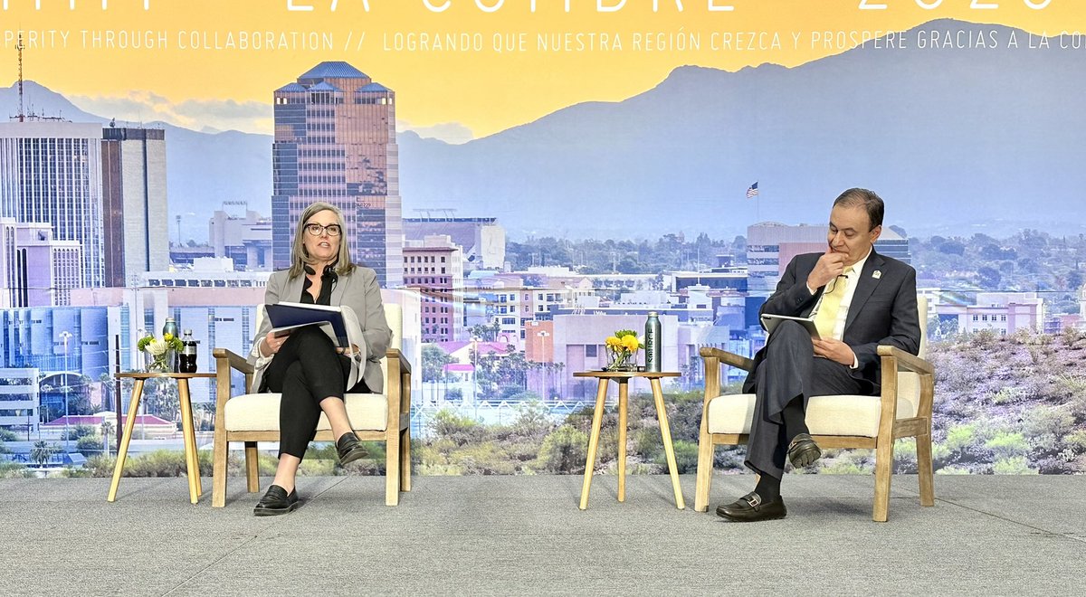 AzMxCom's tweet photo. Arizona @GovernorHobbs & Sonora Governor @AlfonsoDurazo highlight the importance of the Arizona-Mexico relationship & commitments to infrastructure, trade & commerce, tourism, & sustainability during a fireside chat at the @THispanicChmbr Summit. Thanks for the engaging dialogue! https://t.co/xOq6R10vZX