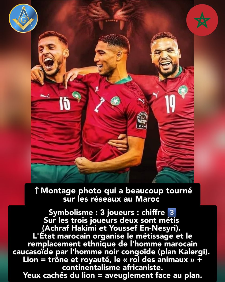 maghrebantinwo's tweet photo. Symbolisme montage qui a tourné sur les réseaux au Maroc :
https://t.co/iKIgB8okOZ

#symbolismemaçonnique #planKalergi #GrandRemplacement
#GrandeReinitialisation 
#NouvelOrdreMondial
#Agenda2030
#lefootballestunsportmétissiste #métissisme 
#PanemEtCircenses 
#LkhobzwLsirk #FIFA https://t.co/n0Mrd7DYFi