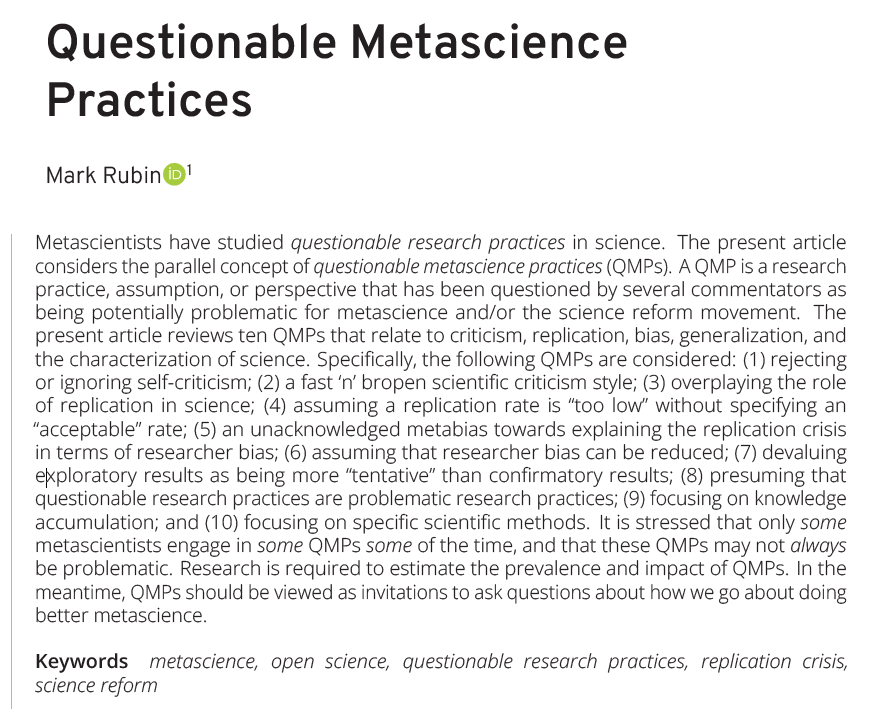 My new article on “Questionable Metascience Practices” Open access: doi.org/10.36850/mr4 Few quotes follow: 🧵👉 #OpenScience #MetaScience #MetaResearch #PhilSci