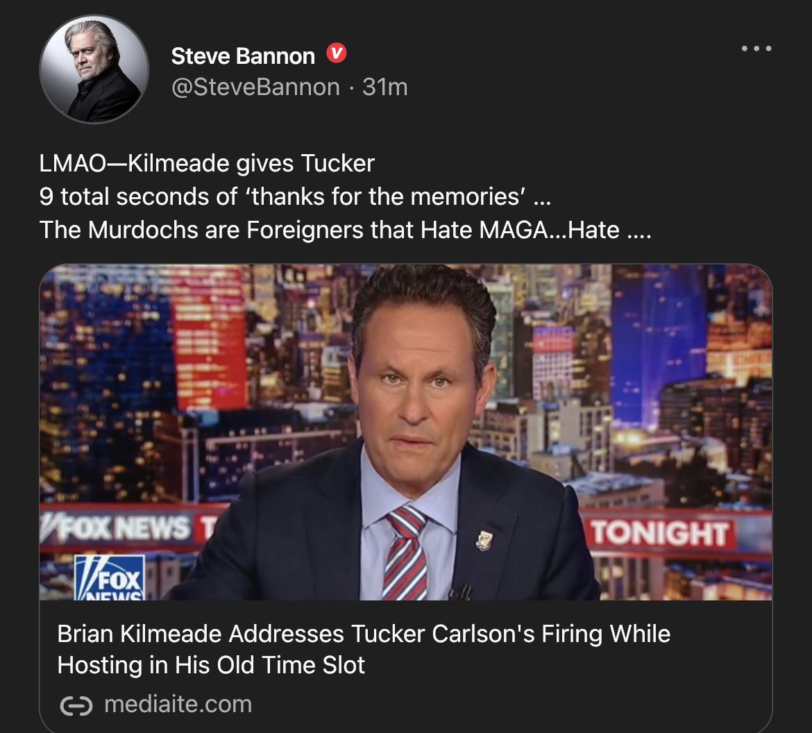 gc22gc's tweet photo. LMAO—Kilmeade gives Tucker 
9 total seconds of ‘thanks for the memories’ …
The Murdochs are Foreigners that Hate MAGA…Hate …. 

https://t.co/ZAWzx9giXy https://t.co/gXRmMeTAcm