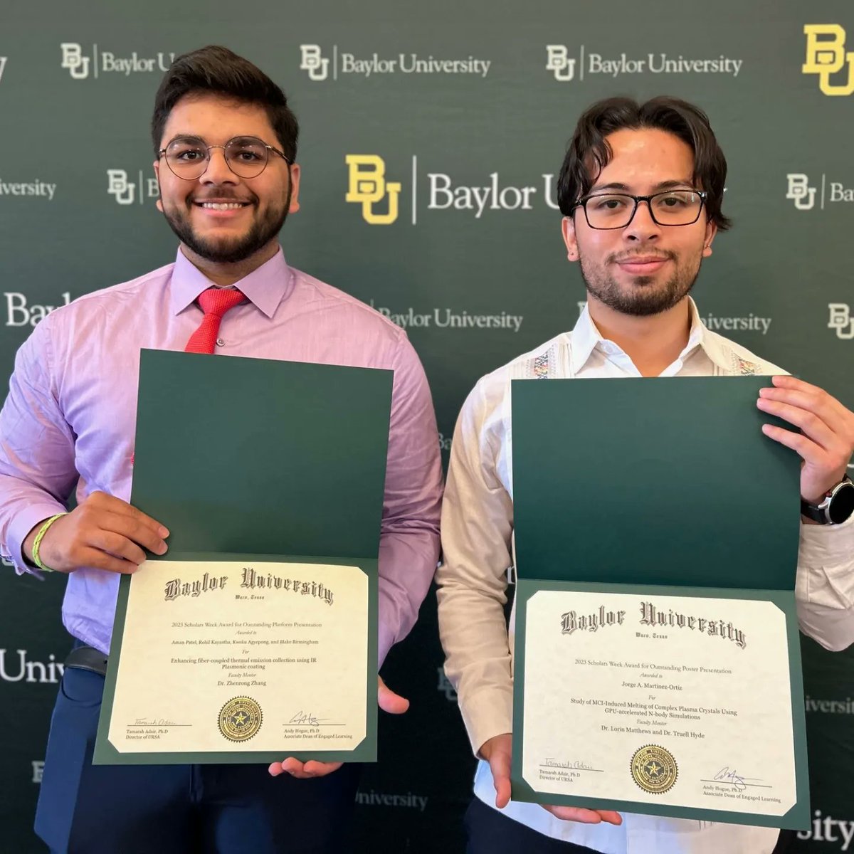 Our students had excellent time at the 2023 Undergraduate Research and Scholarly Achievement (URSA) week. We are happy to let you know that Aman Patel and Jorge Martinez-Ortiz won the outstanding platform and poster  presentation awards, respectively. Congratulations!