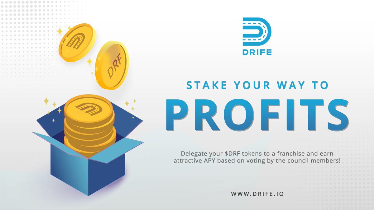 Drife_official's tweet photo. Did you know that you can earn rewards through our franchise staking program? 🚕💸

 Delegate your $DRF tokens to a franchise and earn attractive APY based on voting by the council members! 

#DRIFE #staking #rewards https://t.co/QRxRY8Y6TC