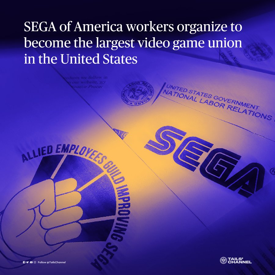TailsChannel's tweet photo. In a historic move in the video game industry, a supermajority of workers at SEGA of America announced their intention to unionize.

Affiliated with the CWA, @takesAEGIS will represent more than 100 employees in various departments at the Irvine, California offices.

#SonicNews https://t.co/MiFPixmW7C