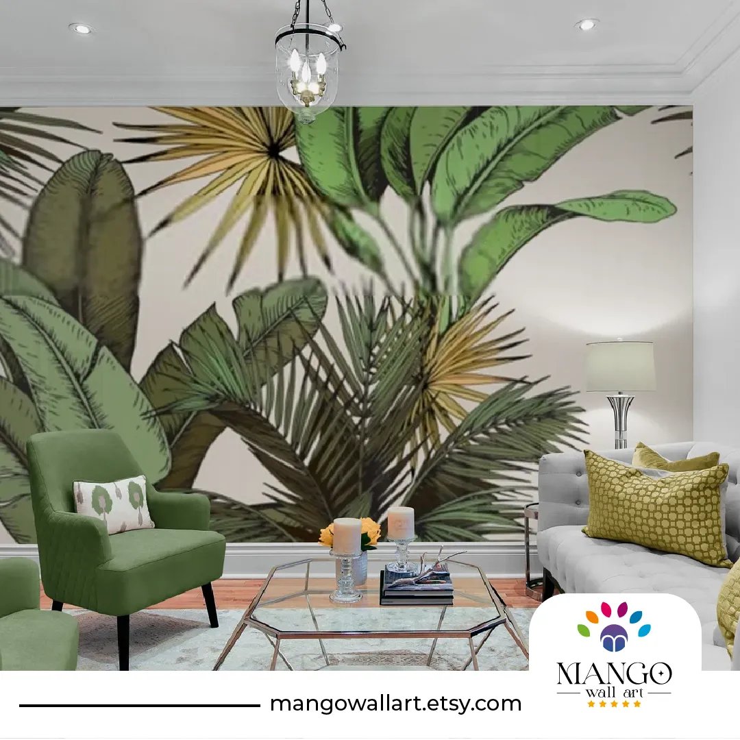 Bring the beauty of the tropics to your walls with our green tropical palm and banana leaves wallpaper! It's perfect for creating a jungle-inspired vibe. #palmandbananaleaves #tropicaldecor