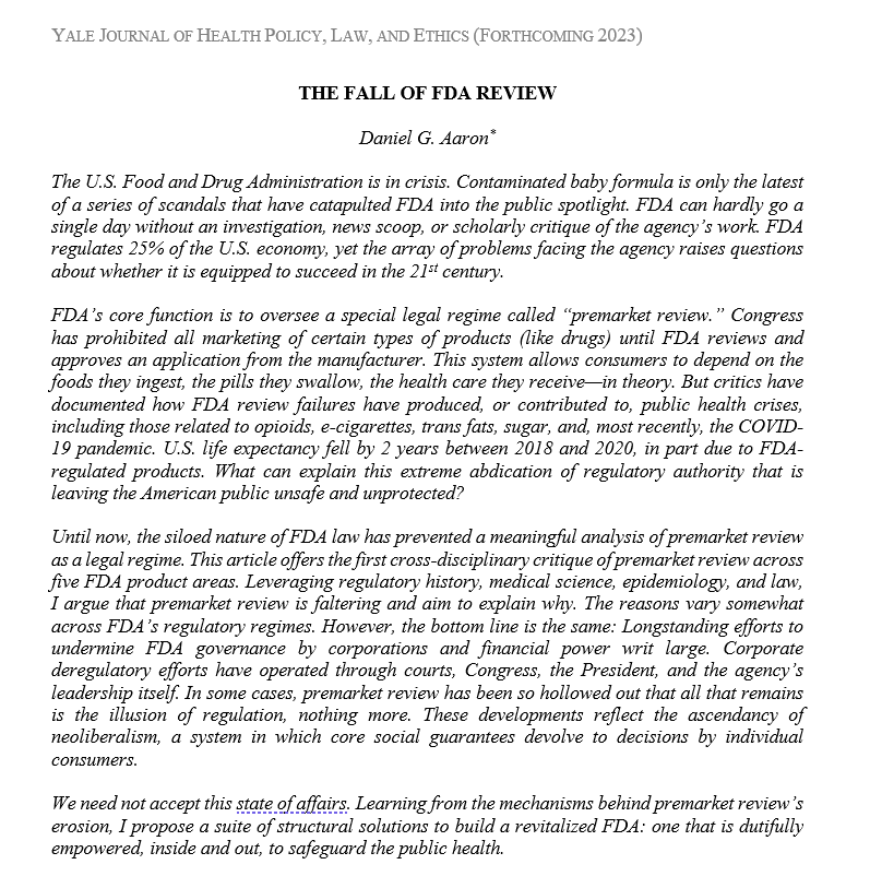 Introducing my new paper in the Yale J. of Health Policy, Law &amp; Ethics <a href="/YJHPLE/">YJHPLE</a> :

The Fall of FDA Review

FDA was built to gatekeep the products we use in and on our bodies, but it’s hanging on by its nails. Thread #1 (OF SEVEN). (1/x)

Free to read:
papers.ssrn.com/sol3/papers.cf…