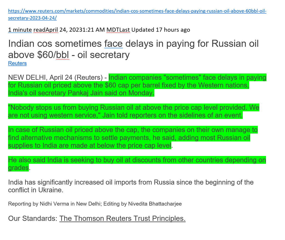 Energy_Tidbits's tweet photo. India keeps buy discounted #Oil from Russia even if discounted price is above EU/US price cap.

"Nobody stops us from buying Russian oil at above the price cap level provided. We are not using western service" says India Oil Secretary Jain.

Thx @Nidhi712.

#OOTT https://t.co/dxImQEUKnj