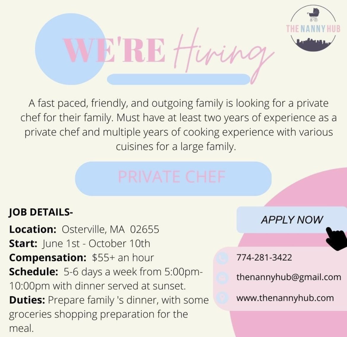 hub_nanny's tweet photo. Now recruting for part-time nannies, full-time nannies, and a private chef. 

Email us at thenannyhub@gmail.com https://t.co/9keuZfMvYM