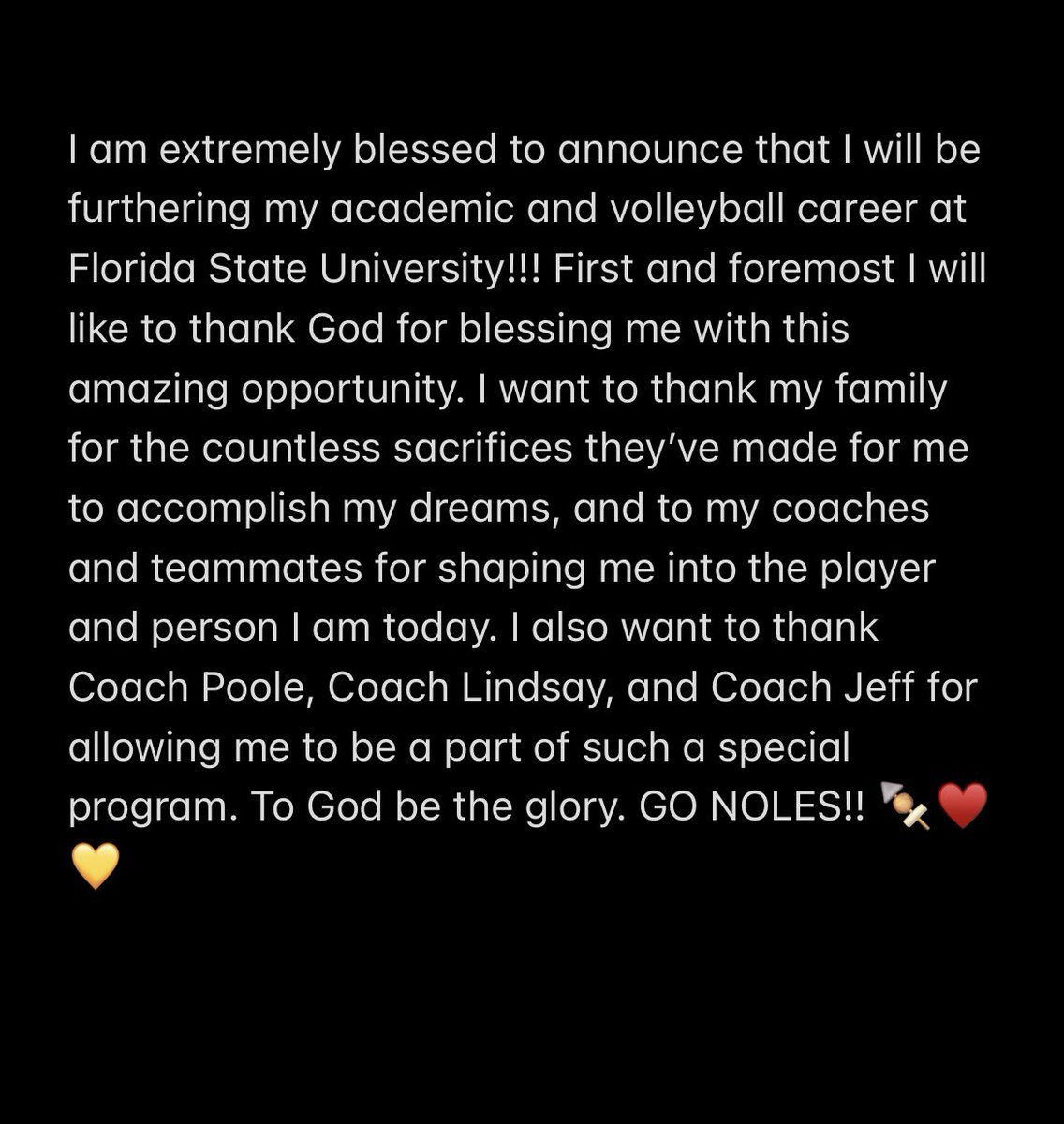 _caycay4's tweet photo. Extremely blessed!! All glory to my God!! Thank you Coach Poole, Coach Lindsay, and Coach Jeff 🍢♥️💛@FSU_Volleyball @CoachLindsayA https://t.co/BULLrAlF69