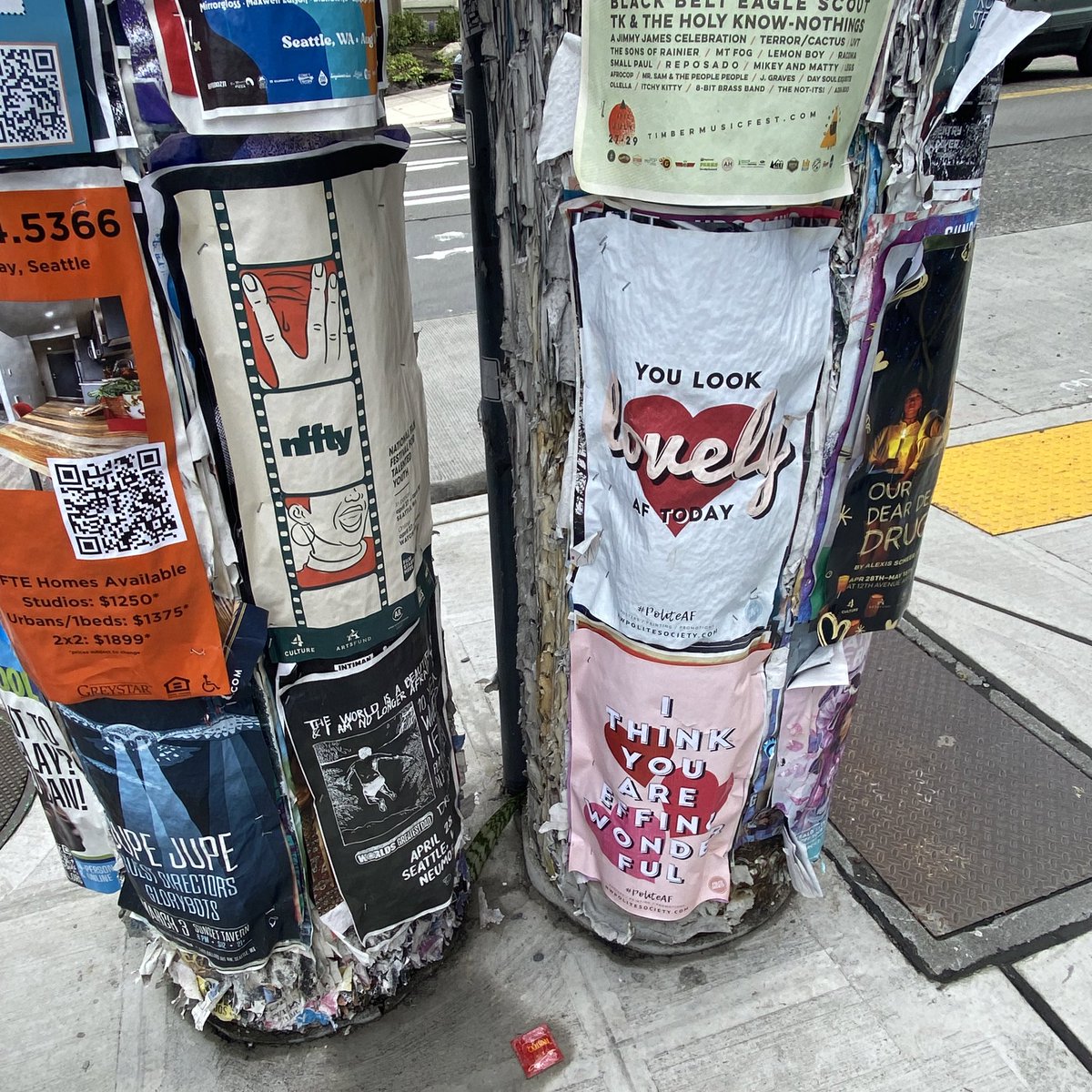 JessicaGlaves's tweet photo. Quick stop over in Seattle, big fan of their poster-ridden phone poles. Didn’t even notice the condom on the ground till now 😂 Mogli approves, despite the rain. 😼🐟 https://t.co/195ZN6ugut