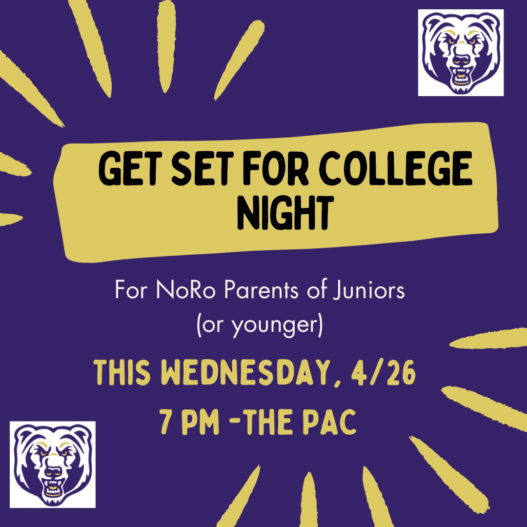 NoRoCounseling's tweet photo. All sorts of information to help you prepare for the college application process will be presented at our annual Get Set for College Night-THIS WEDNESDAY! https://t.co/cqT4OWFCQS