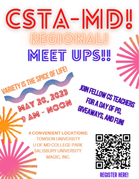 Are you an educator, professional or just someone passionate about Computer Science Education? ALL ARE WELCOME TO JOIN US! Towson University (Robotics) Salisbury University (3D printing) MAGIC - Carroll County (Robotics) UMD College Park (Coding) #cstamd #csta