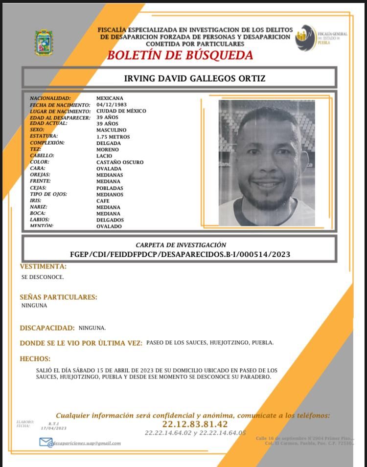 laredcincoradio's tweet photo. #ServicioSocial 🚨 || Pedimos su apoyo para localizar a Irving David Gallegos Ortiz de 39 años de edad, visto por última vez el 15 de abril en Paseo de los Sauces, #Huejotzingo. ☎️ Comunicarse al 2212838142. #LaRedCincoRadio RT #Puebla https://t.co/kdXOnOGMql