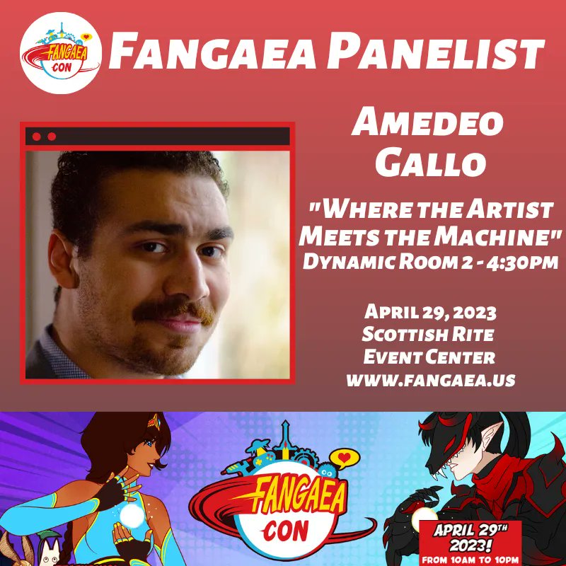 FangaeaCon's tweet photo. Entering the digital art realm+its effects on traditional art w/ featured panelist Amedeo Gallo π¨ "Where the Artist Meets the Machine" will discuss this at Fangaea 2023 Sat 4/29 π
#fangaea #fangaeacon #fangaea2023 #featuredpanelist #panelprogramming #programming #digitalart https://t.co/0FuOwqQrDA