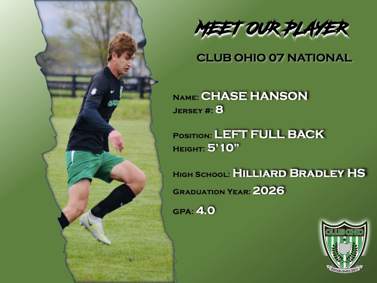 Meet our Player: Chase Hanson 2026
#ClubOhioNationalTeams
<a href="/ChaseHanson_8/">Chase Hanson</a> <a href="/BradleyHSSoccer/">Bradley Boys Soccer</a>