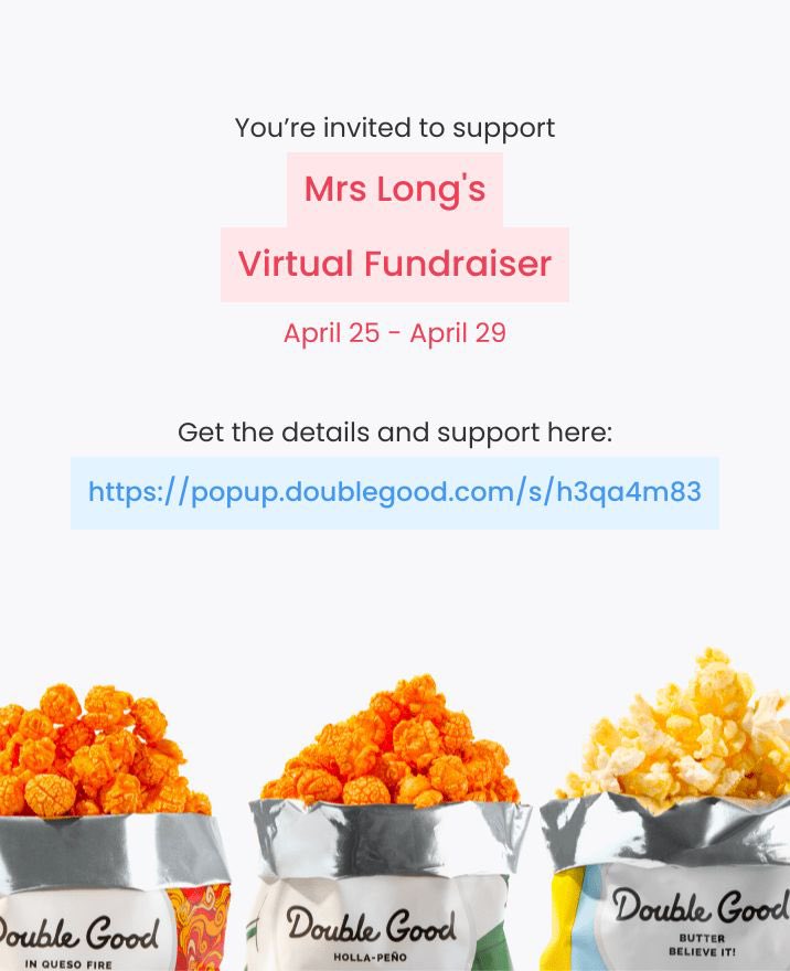 Jennifer Long (@jlong1990) on Twitter photo Hi! I’m doing a virtual fundraiser selling Double Good ultra-premium popcorn for 4 days from Tuesday, Apr 25 - Saturday, Apr 29. Get all the details and support here: popup.doublegood.com/s/h3qa4m83 Hi! I’m doing a virtual fundraiser selling Double Good ultra-premium popcorn for 4 days from Tuesday, Apr 25 - Saturday, Apr 29. Get all the details and support here: popup.doublegood.com/s/h3qa4m83
