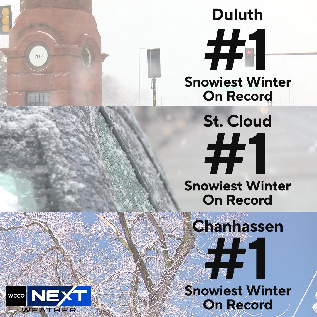 ARE YOU JEALOUS, TWIN CITIES? With the snow last week, three Minnesota cities topped the podium for snowiest winter ever. MSP Airport is stuck at #3, and NEXT Weather is forecasting that it’s going to stay that way.

Full NEXT Weather Forecast: https://t.co/hcQdTh3wDG https://t.co/tY3QsoGSfH