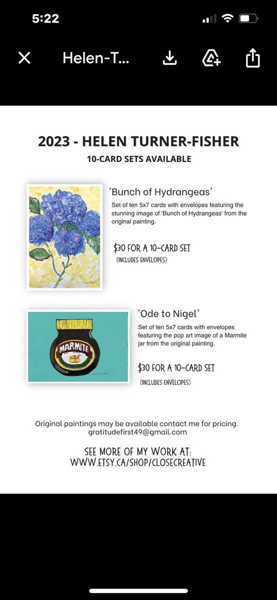 HTurnerFisher's tweet image. So excited my THIRD printing of greeting cards made from my original paintings arrived. I’ve sold 42 packs of 10 cards since April 2. My goal is 50 packs - have a look! #gratitudefirst #createart #greetingcardsspreadlove