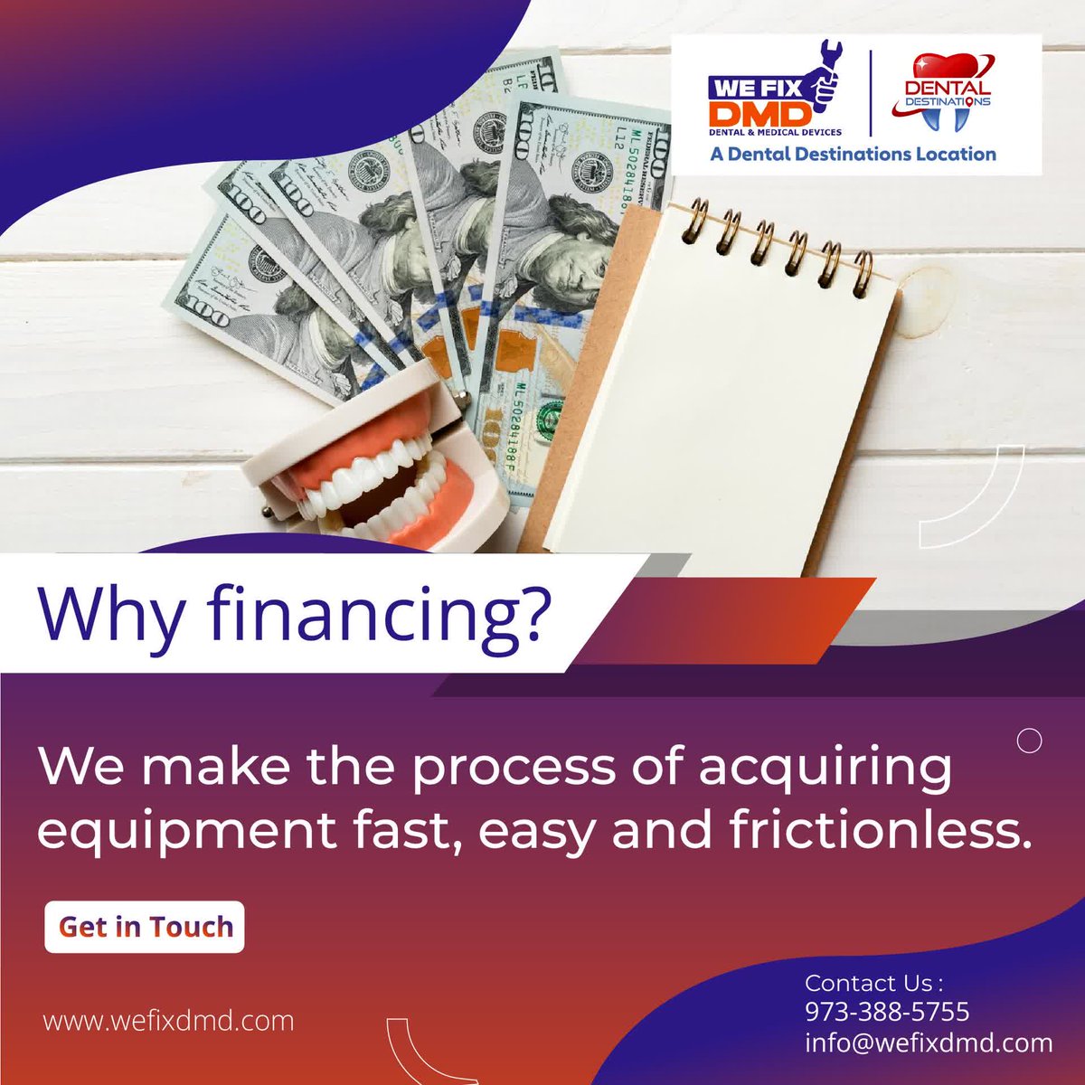 WeFixDMD's tweet image. There are a number of reasons why low monthly options provide your business with an edge. Some of them are:
CASH FLOW MANAGEMENT
SPEED
FLEXIBLE TERMS
SEASONAL PAYMENTS

Contact us today to finance your equipment!
#WefixDMD #DentalUpholstery #DentalChair #DentalFInancing