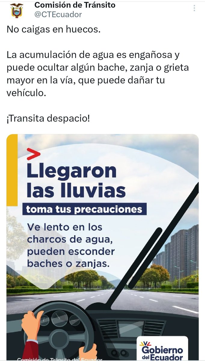 "Maneja suave, ya que así verás los huecos y no harás daño a tu vehículo", <a href="/CTEcuador/">Comisión de Tránsito 🇪🇨</a>.

Muy sincero el CM (...) sabe que las vías del país están hechas pedazos.🫡

x.com/CTEcuador/stat…