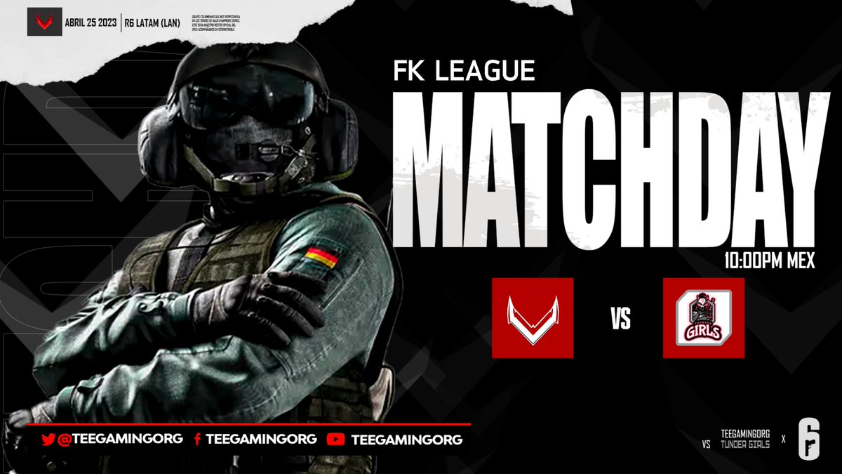 TeeGamingOrg's tweet photo. Mañana nos toca enfrentamiento en #FKleague
@Rainbow6Game #RainbowSixSiege VS #tundergirls
Vamos chicos!!!
Tee Gaming RainbowSixSeige
@Chrisgaazc
@IEm1r_
@Mxrgan05
@Ricardo05079734
@Antonio_Monti8a
Tee Gaming "LA PIEL DE LOS CAMPEONES"
DG : @Zaycro_Designer
Se agradecen likes y compartidas