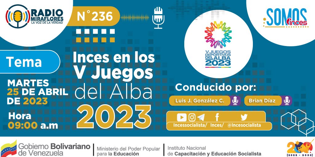 Mañana #25Abr te invitamos a disfrutar de nuestro programa #SomosIncesRadio donde se abordará "El Inces en los Juegos del Alba 2023" por <a href="/SomosRMNoticias/">Radio Miraflores #LaVozDeLaVerdad</a> 95.9FM 

Invitado: 
Grte. de Infraestructura José Tovar 

#ALBAEsNuestramérica
#ConMaduroMásComunicación