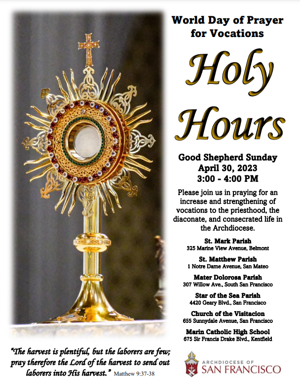 SFPriest's tweet photo. Join us for our World Day of Prayer for Vocations Holy Hours!

Come pray for vocations on Sunday, April 30th from 3-4pm, at one of many parishes in our archdiocese. See the flyer for details!

#worlddayofprayer #vocations #holyhours #prayer #sfpriest https://t.co/U1KDCU9zHA