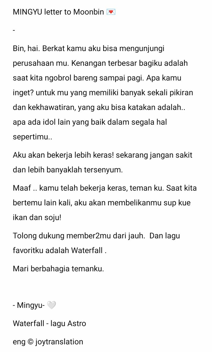 My17youth's tweet photo. MINGYU letter to Moonbin 💌

-
Bin, hai. berkat kamu aku bisa mengunjungi perusahaan mu. kenangan terbesar bagiku adalah saat kita ngobrol bareng sampai pagi. apa kamu inget! untuk mu yang memiliki banyak sekali pikiran dan kekhawatiran, yang aku bisa katakan adalah.. 👇 https://t.co/gnqj3MhOjH