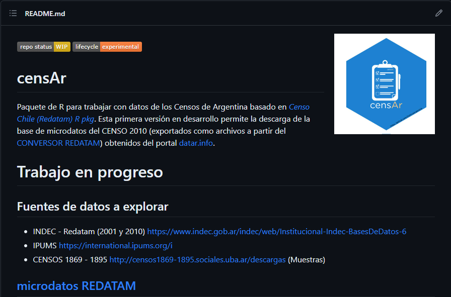 TuQmano's tweet photo. Acaba de salir a Github una primerísima versión del paquete de #rstatsES {censAr} que parece estar andando para trabajar con los microdatos del CENSO 2010. 

Falta emprolijar mucho, documentar y eventualmente expandir para poder laburar (por lo menos) con los 2 censos previos https://t.co/jJERtv4Rh4