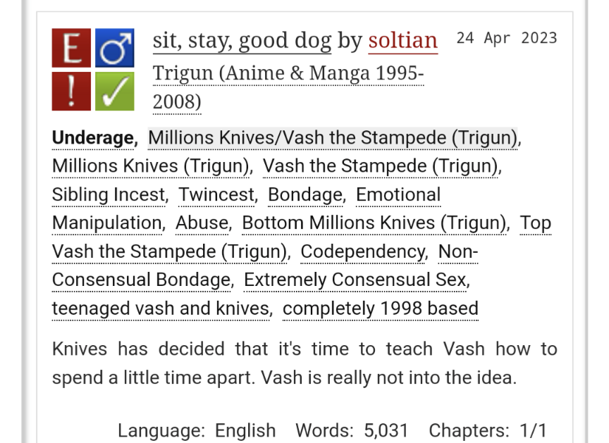 Good evening to my #VK 台刀 #plantcest family I have written 5k of teenaged Vash and Knives doing a throughly awful job of communicating with anything other than their bodies 💖
🔗 archiveofourown.org/works/46728046