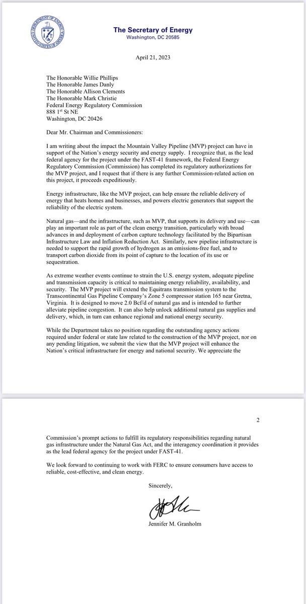 Secretary of Energy <a href="/SecGranholm/">Secretary Jennifer Granholm</a> supports MVP and natural gas infrastructure.
“Natural gas- and the infrastructure, such as MVP, that supports its delivery and use- can play an important role as part of the clean energy transition” 1/2