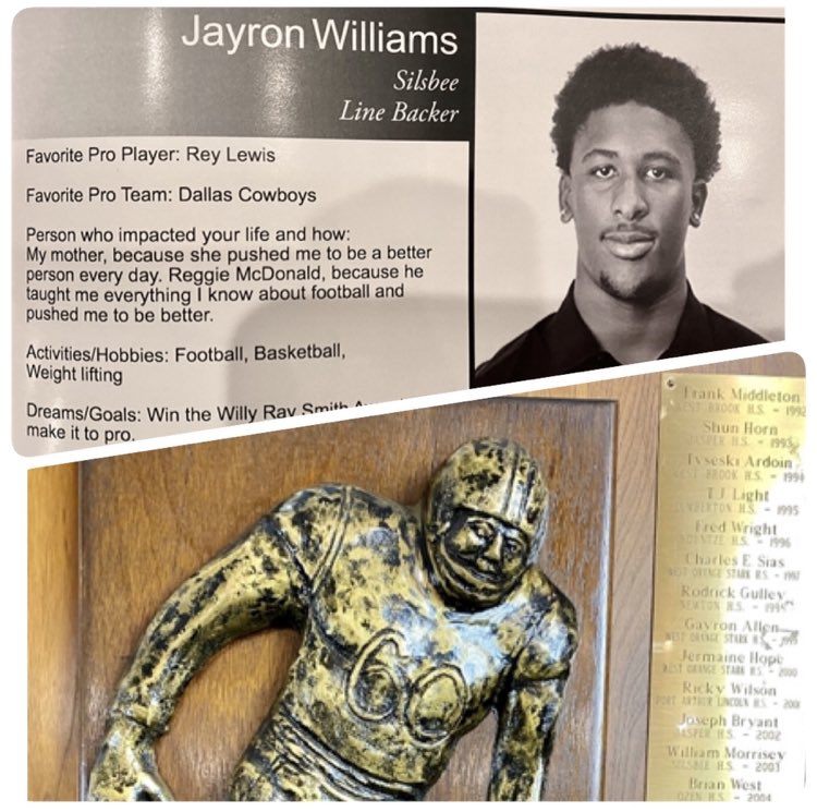 The Defensive Willie Ray Smith Award winner is Silsbee LB <a href="/jayronwilliams_/">Jayron Williams</a>