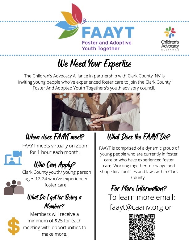 The Children's Advocacy Alliance in partnership with Clark County, NV, is inviting young people who've experienced foster care to join the Clark County Foster And Adopted Youth Togethers' youth advisory council. For more information, email:
faayt@caanv.org. #fosteryouth